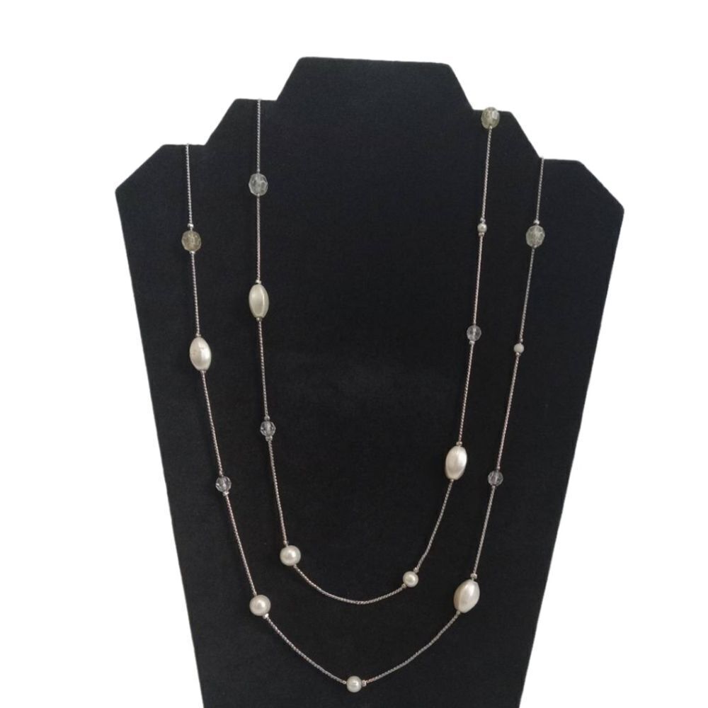 White and Clear Lightweight Beaded Silver Toned Spiga Chain Layering Necklace